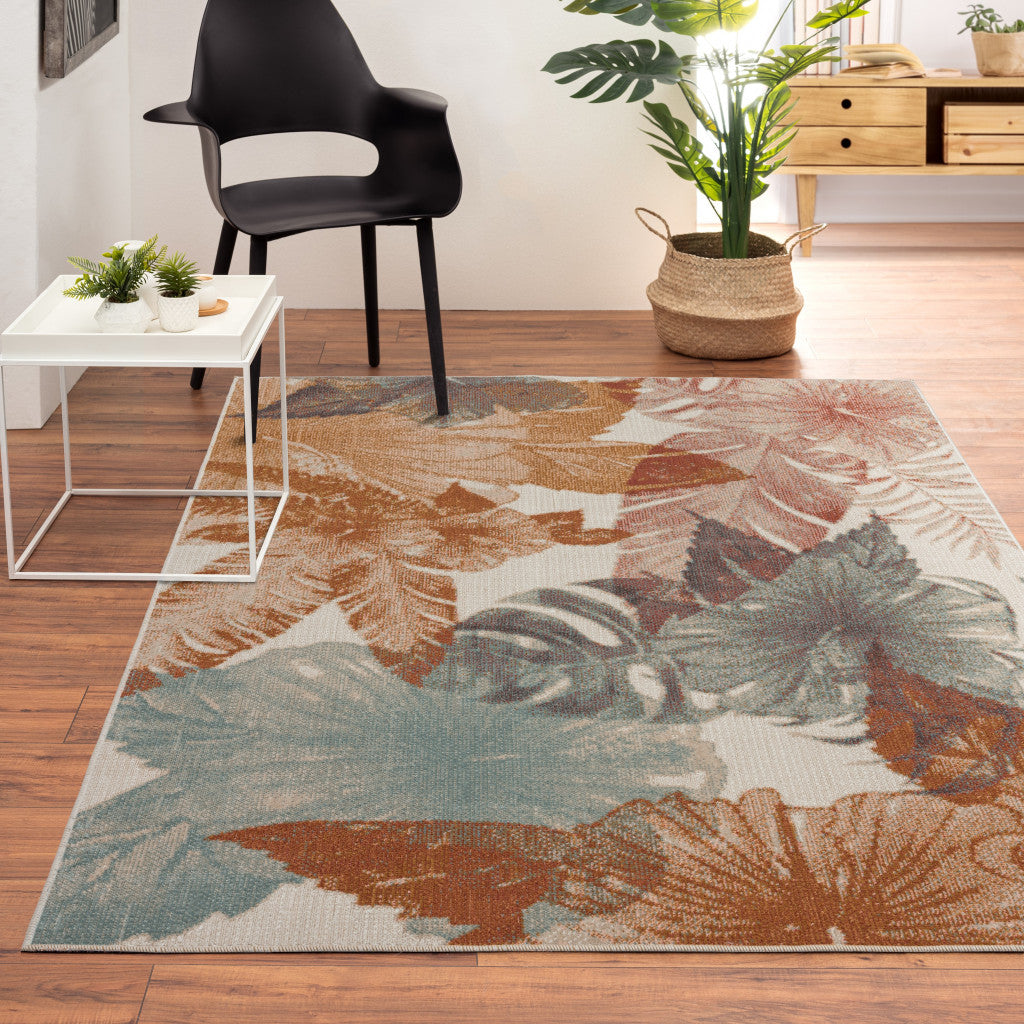 5' X 8' Cream Floral Stain Resistant Indoor Outdoor Area Rug