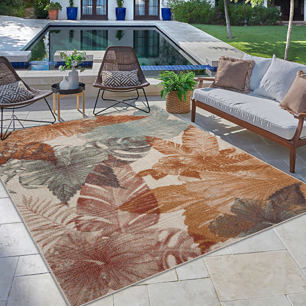 8' X 10' Cream Floral Stain Resistant Indoor Outdoor Area Rug