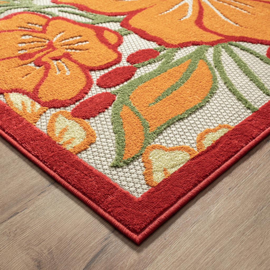 8' X 10' Orange And Ivory Floral Stain Resistant Indoor Outdoor Area Rug