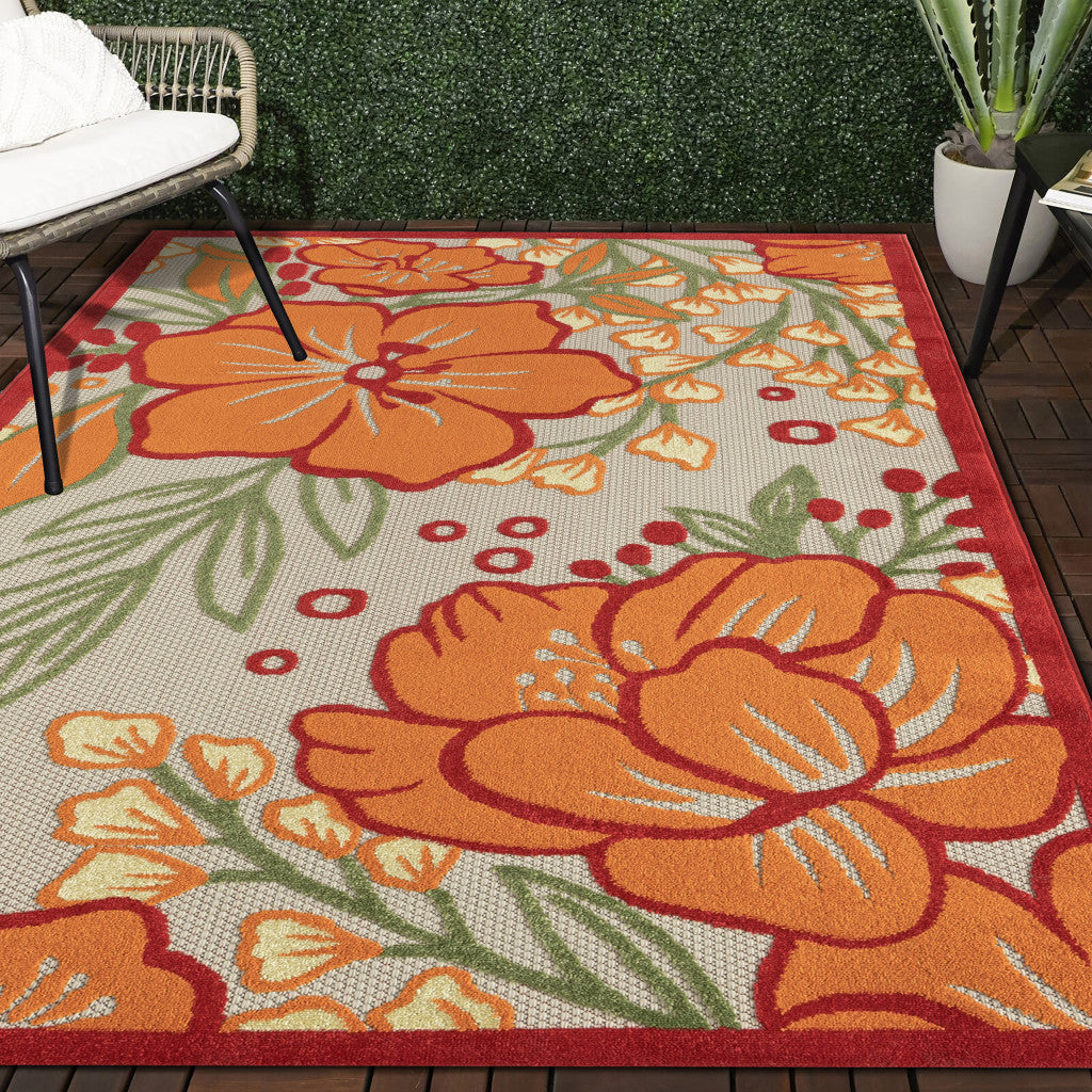 8' X 10' Orange And Ivory Floral Stain Resistant Indoor Outdoor Area Rug