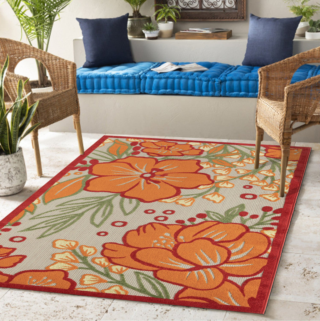 8' X 10' Orange And Ivory Floral Stain Resistant Indoor Outdoor Area Rug