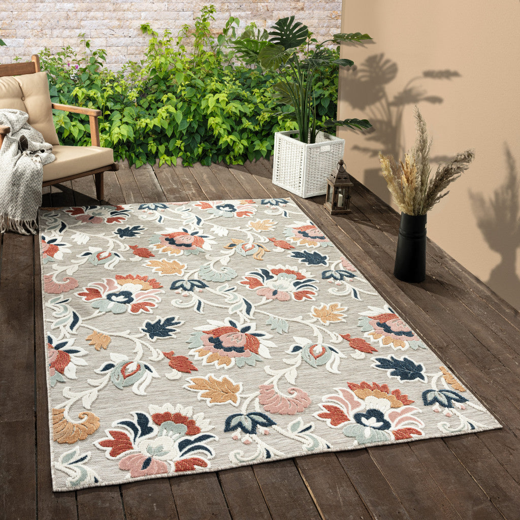 5' X 7' Blue And Gray Floral Stain Resistant Indoor Outdoor Area Rug