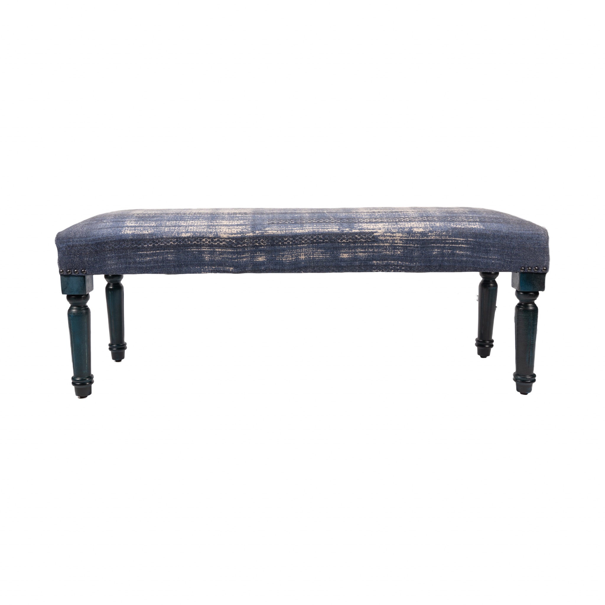 47" Blue And Cream Abstract Design Blue Leg Upholstered Bench