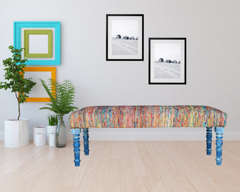 47" Rainbow Stripe Blue Leg Upholstered Bench