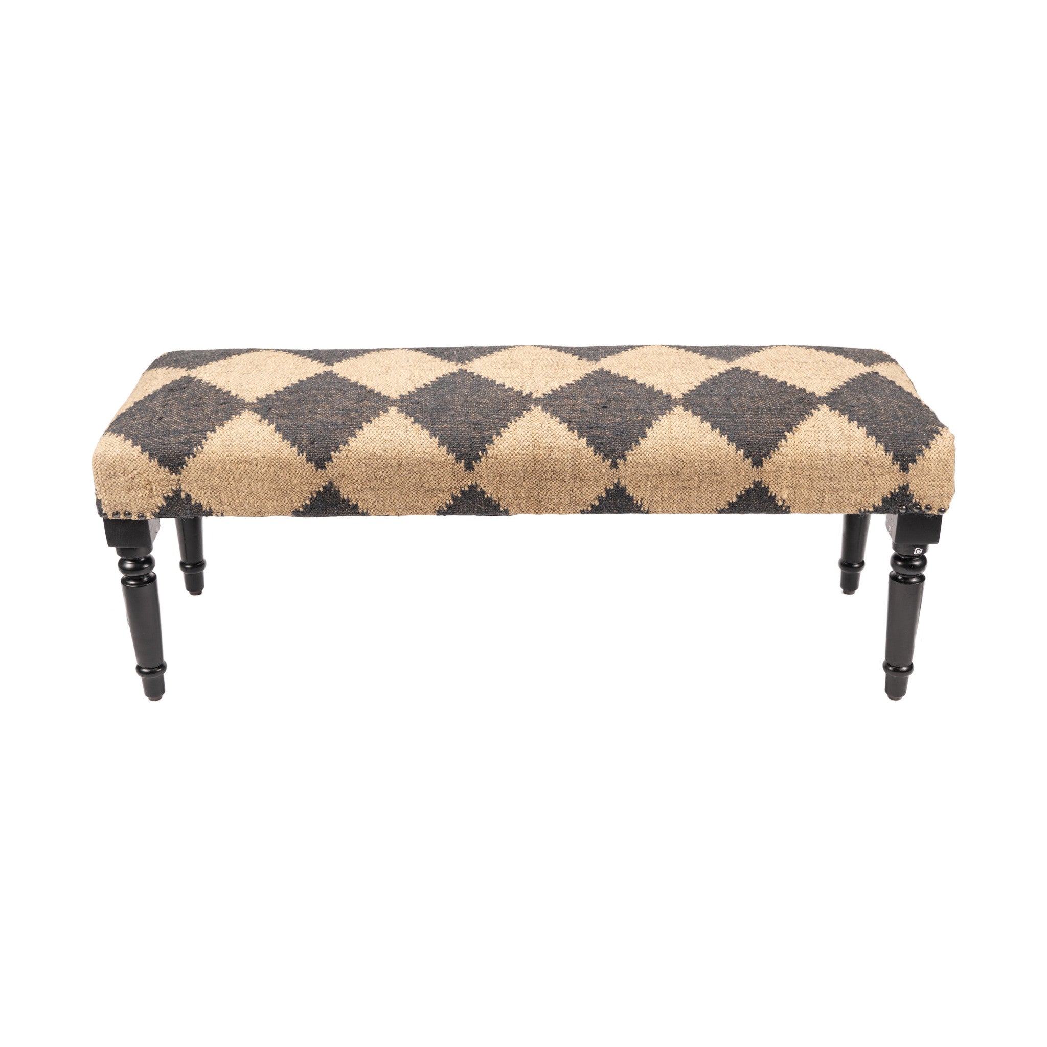 47" Tan And Black Black Leg Checkered Upholstered Bench