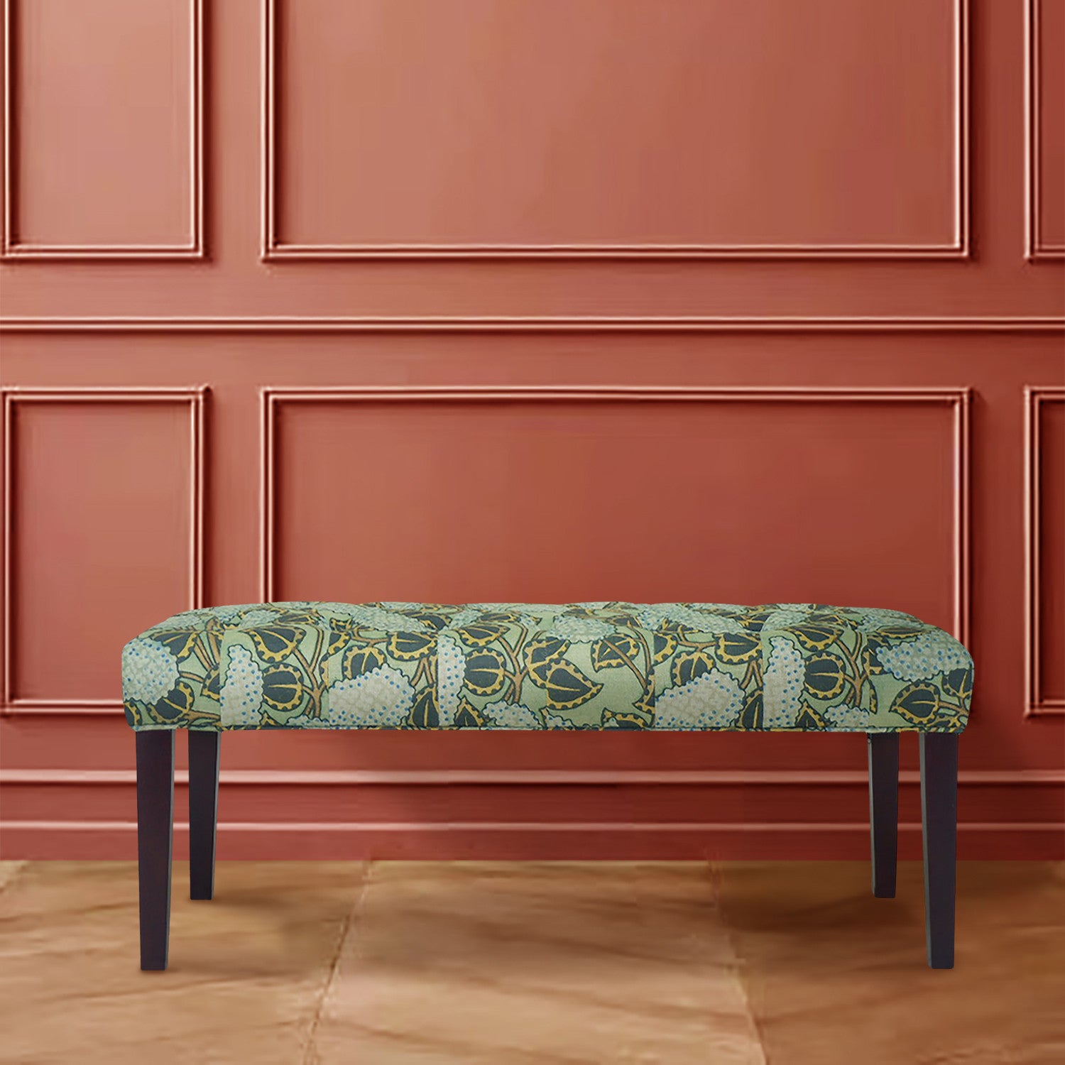 42" Green and Blue Tufted Floral Upholstered Bench