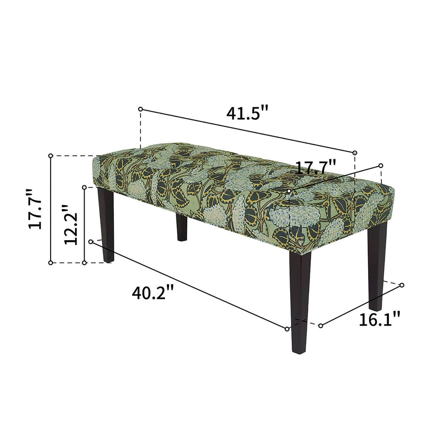 42" Green and Blue Tufted Floral Upholstered Bench