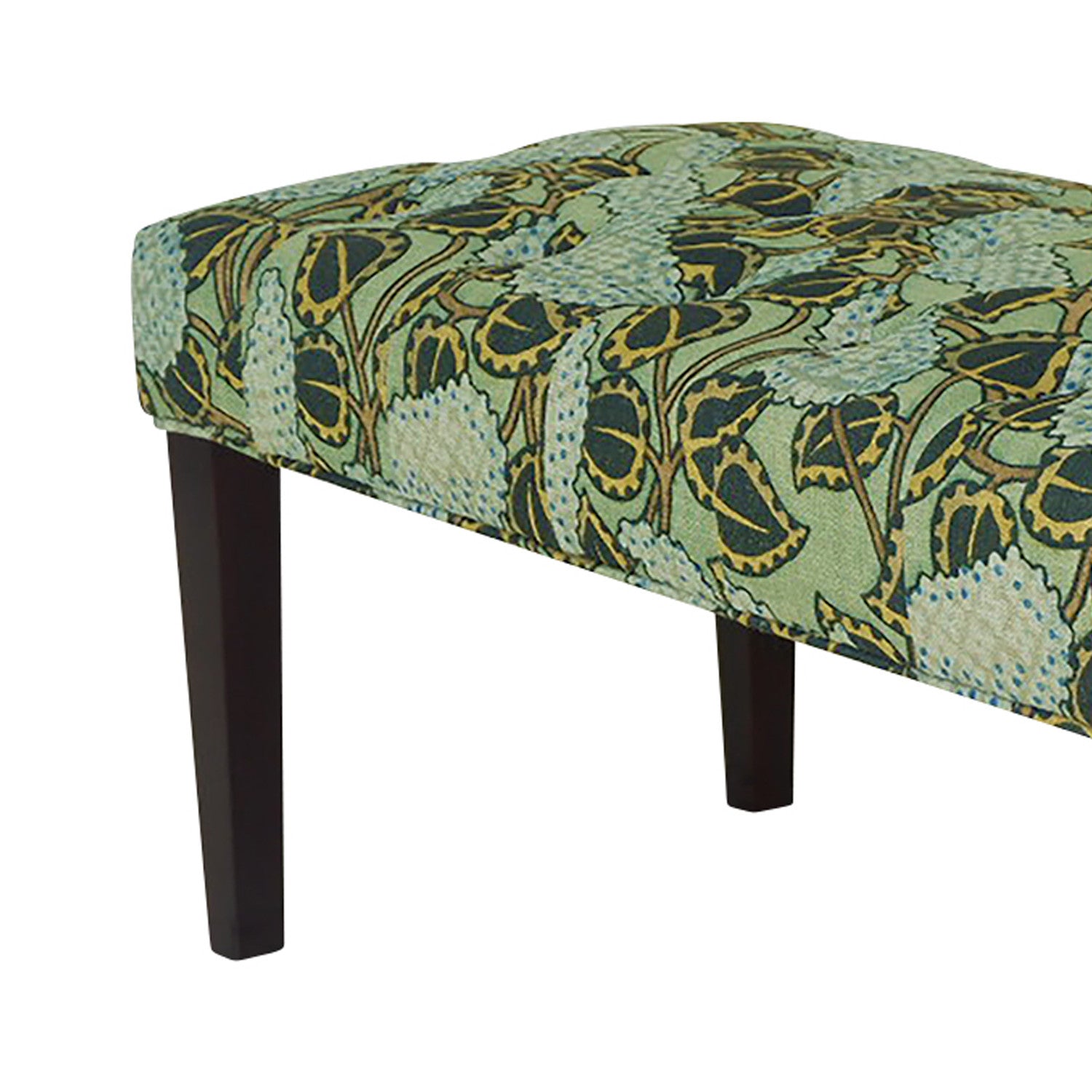 42" Green and Blue Tufted Floral Upholstered Bench