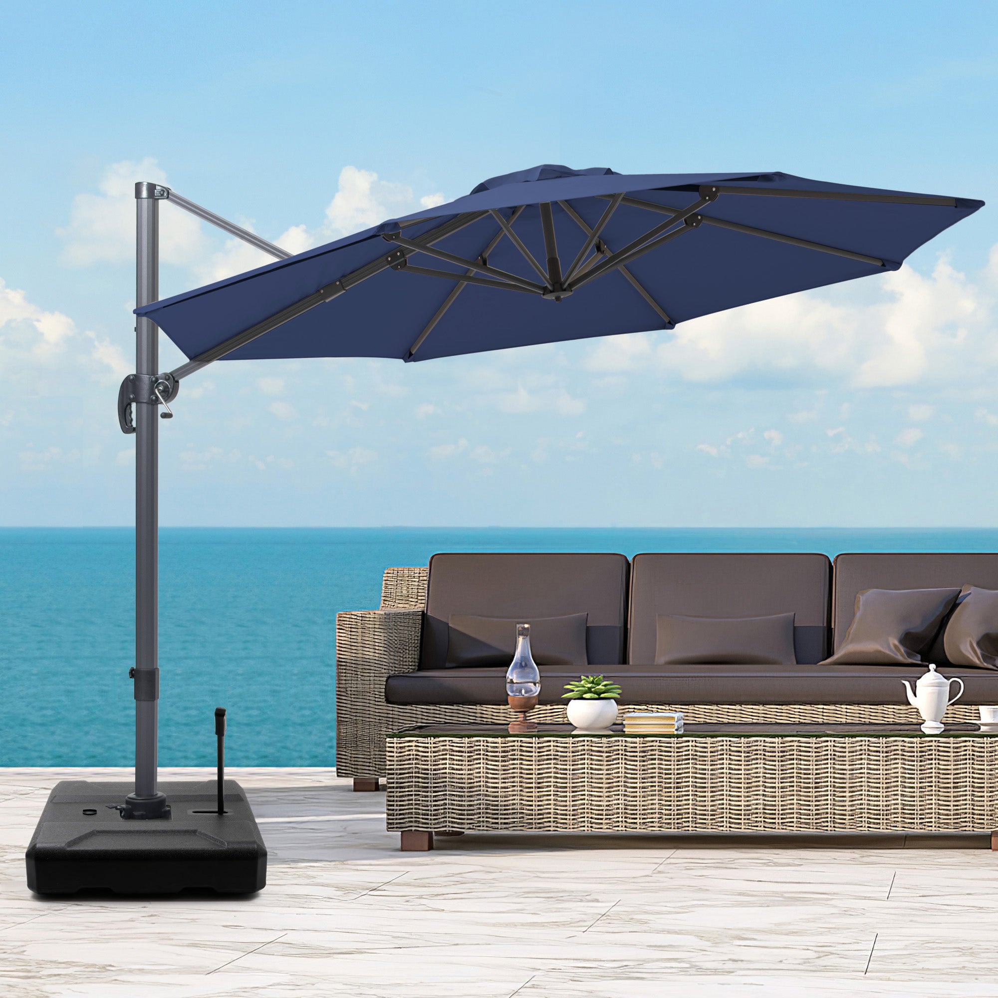 10' Navy Blue Polyester Round Tilt Cantilever Patio Umbrella With Stand