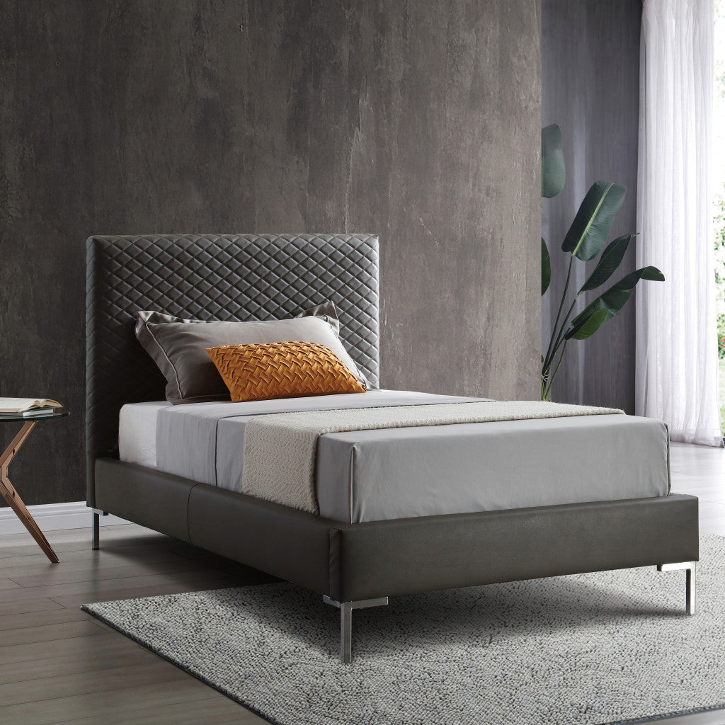 Twin Size Dark Grey Upholstered Faux Leather Bed Frame