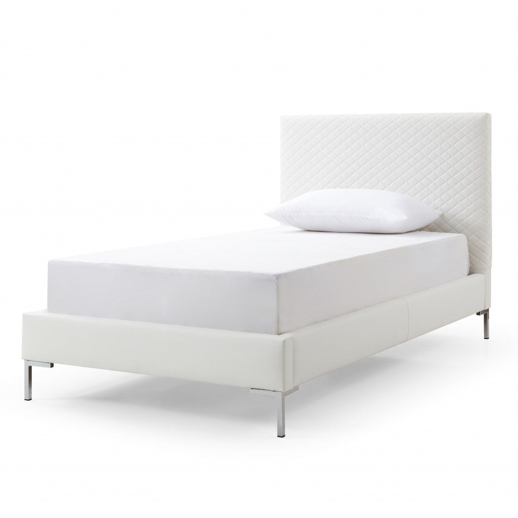 Twin Size White Upholstered Faux Leather Bed Frame