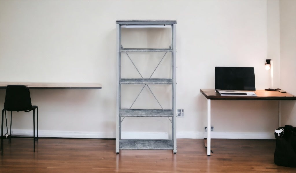 54" Gray and Silver Metal Four Tier Etagere Bookcase