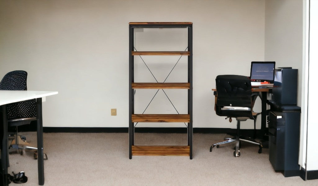 54" Brown and Black Metal Four Tier Etagere Bookcase