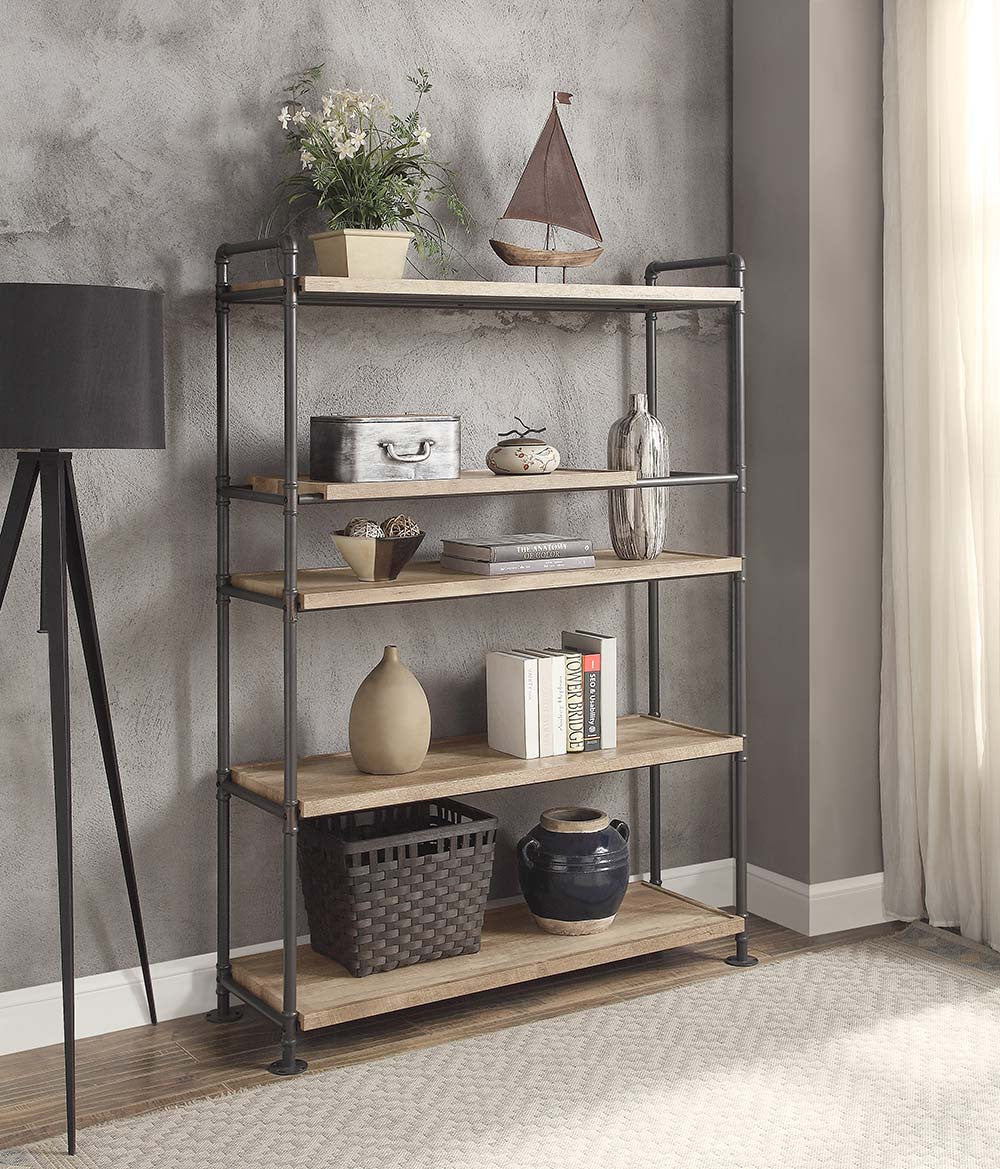 65" Brown and Black Metal Five Tier Etagere Bookcase