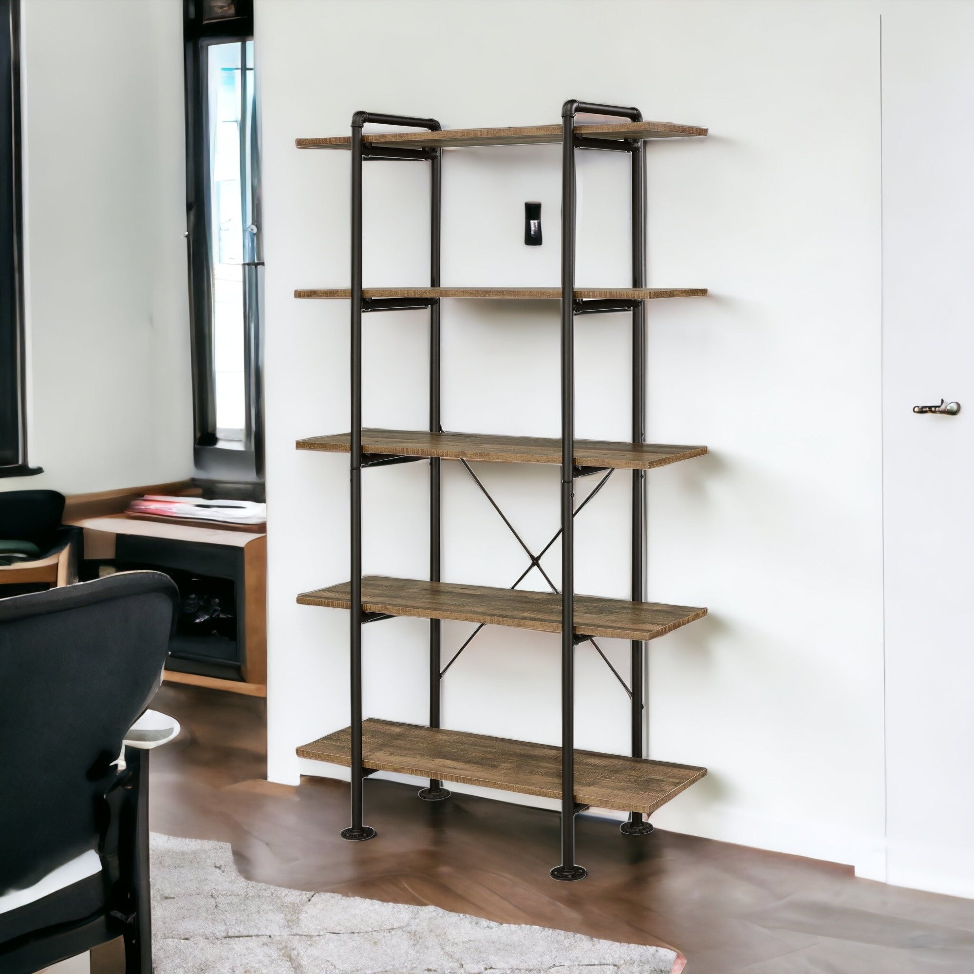 73" Brown and Black Metal Five Tier Etagere Bookcase