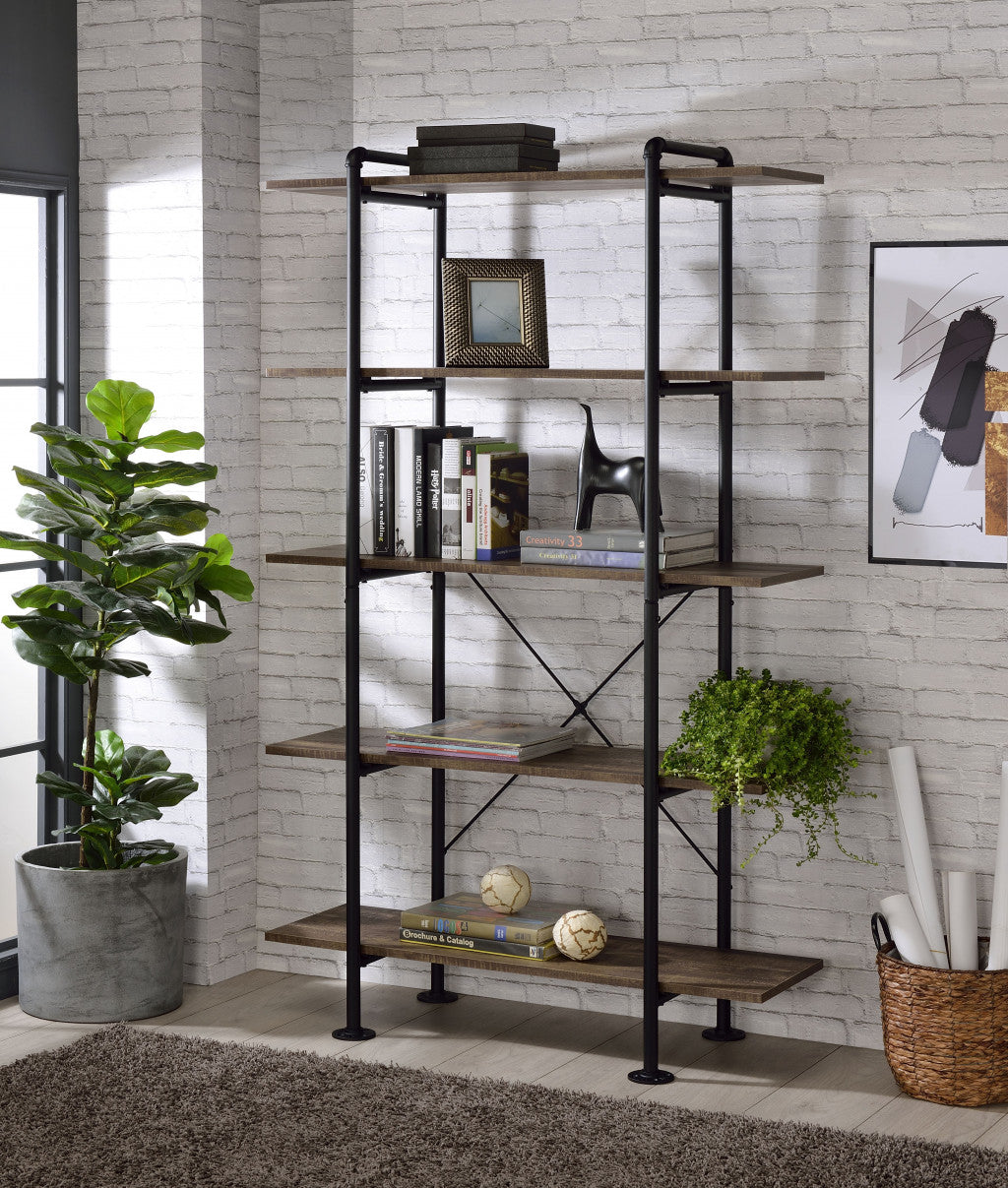 73" Brown and Black Metal Five Tier Etagere Bookcase