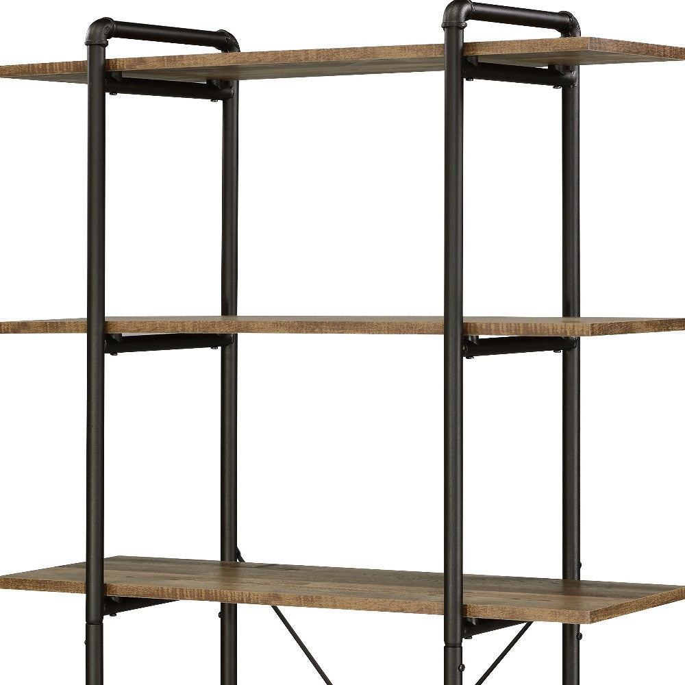 73" Brown and Black Metal Five Tier Etagere Bookcase