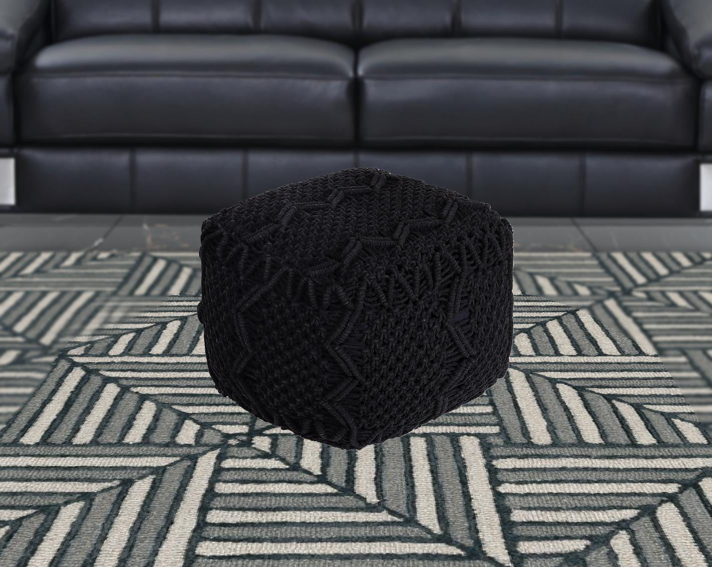 18" Black Cotton Blend Pouf Ottoman