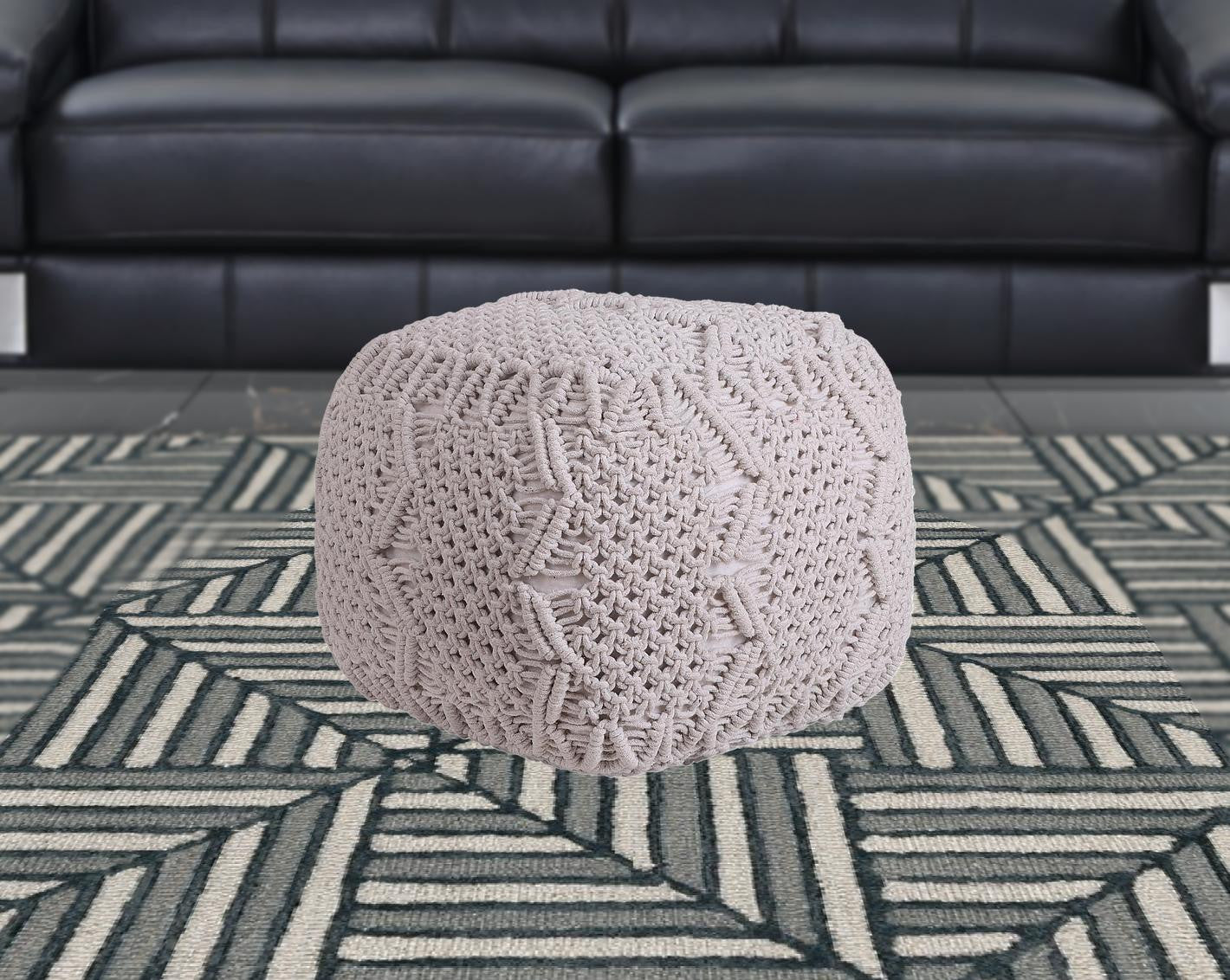 18" White Cotton Blend Pouf Ottoman