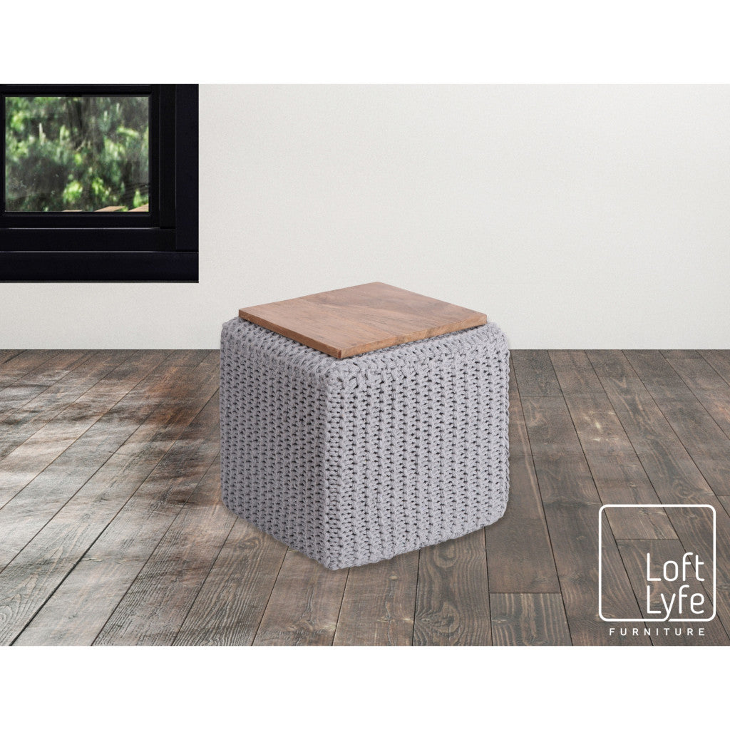 16" Light Gray Cotton Blend And Brown Pouf Ottoman