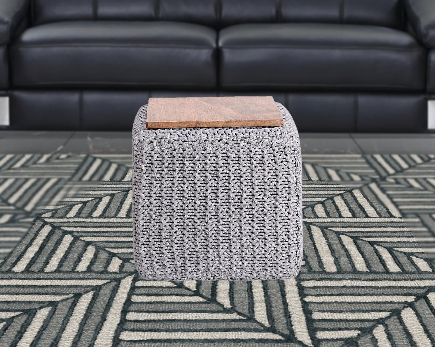 16" Light Gray Cotton Blend And Brown Pouf Ottoman