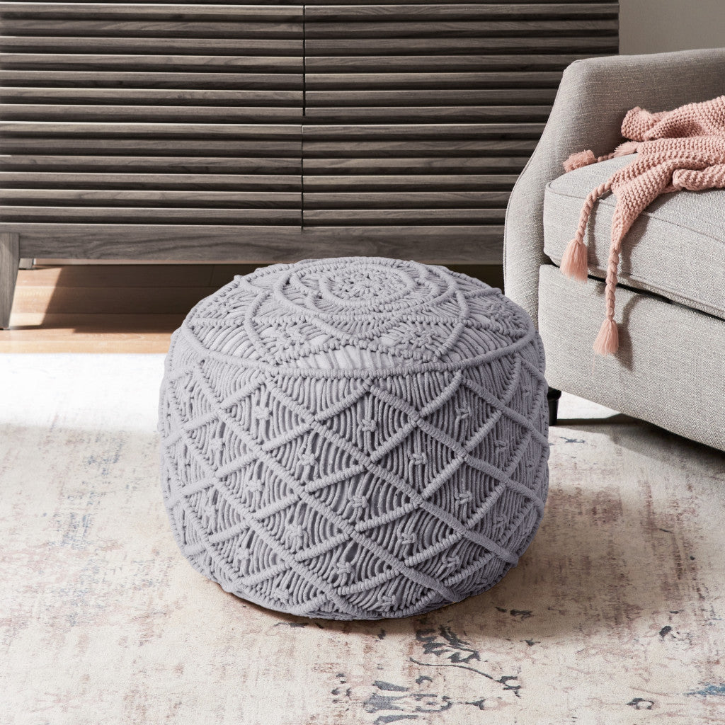 18" Light Gray Cotton Blend And Brown Round Pouf Ottoman