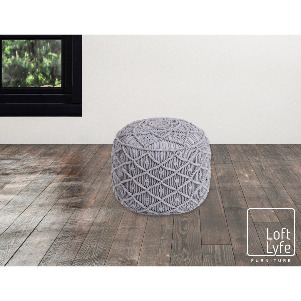 18" Light Gray Cotton Blend And Brown Round Pouf Ottoman