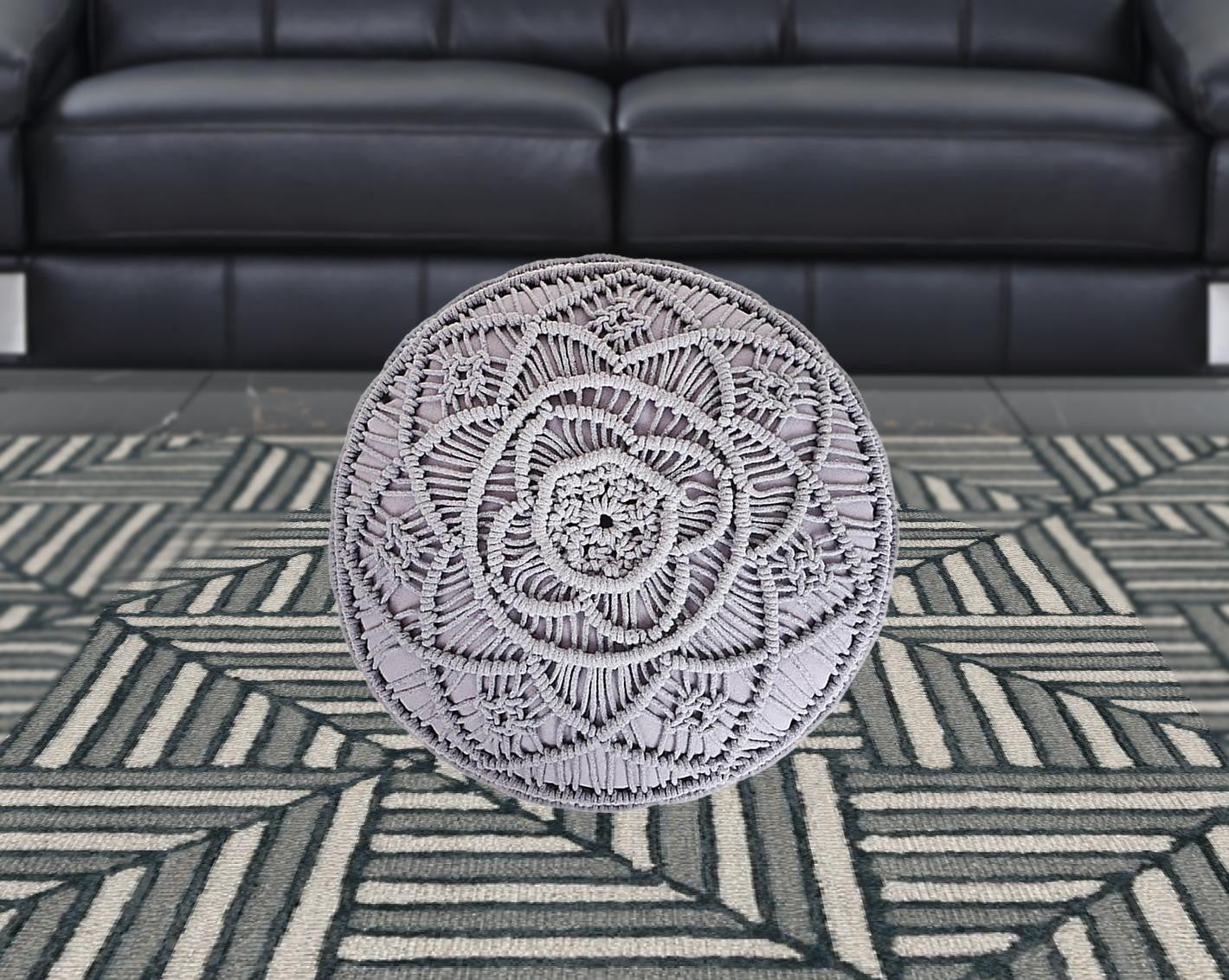 18" Light Gray Cotton Blend And Brown Round Pouf Ottoman