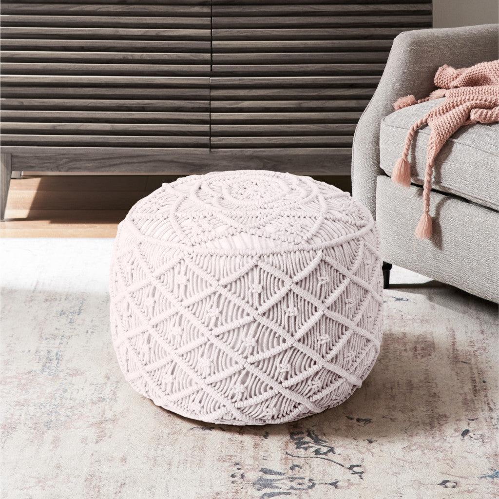 18" White Cotton Blend And Brown Round Pouf Ottoman