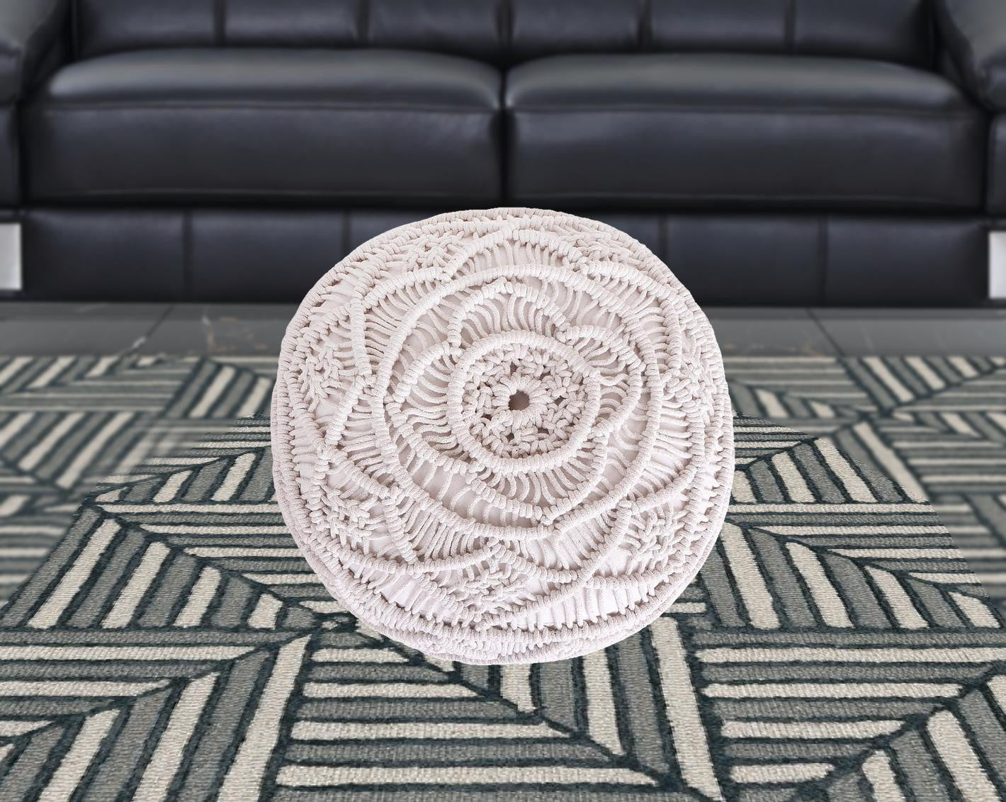 18" White Cotton Blend And Brown Round Pouf Ottoman