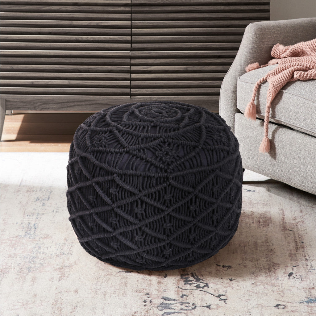 18" Black Cotton Blend And Brown Round Pouf Ottoman