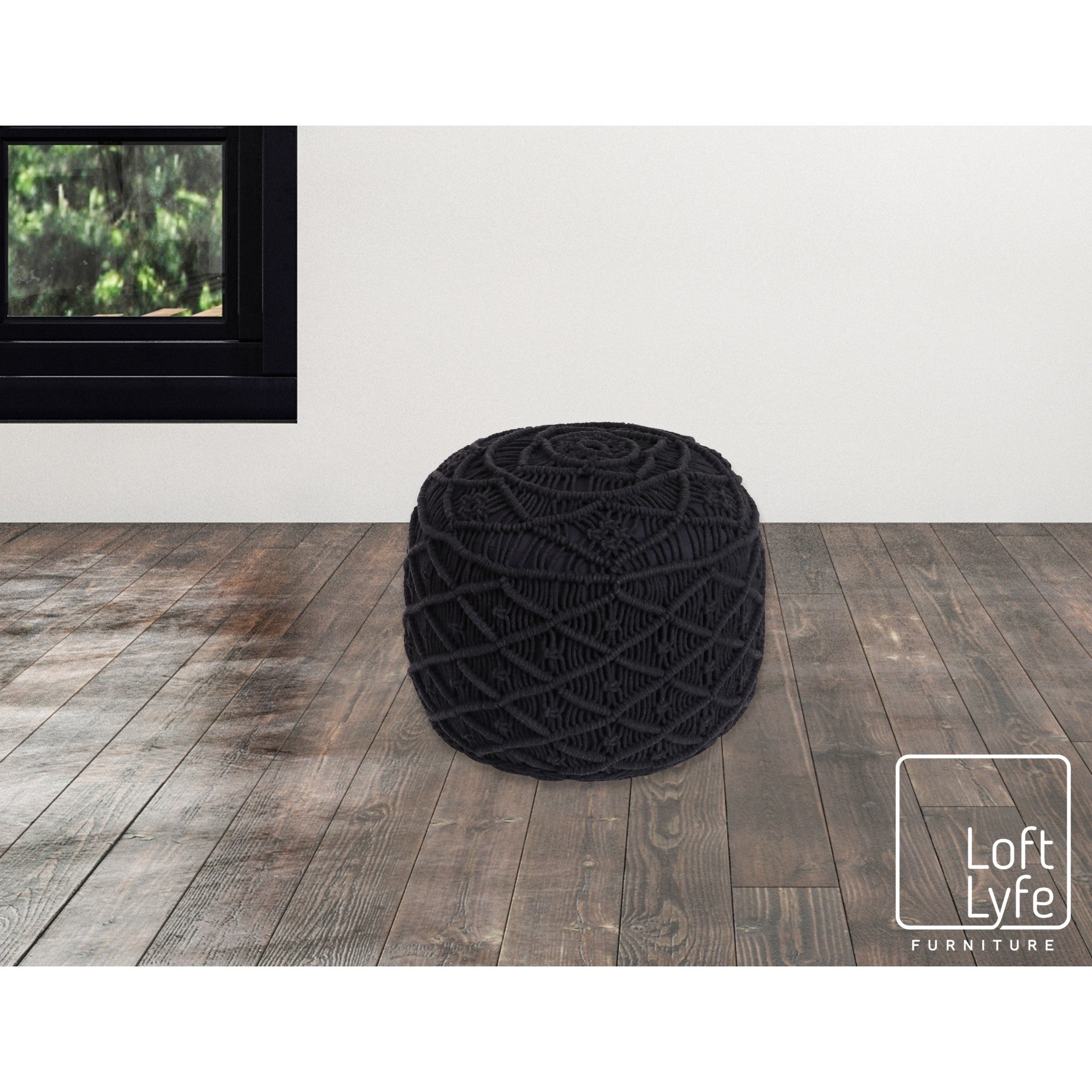 18" Black Cotton Blend And Brown Round Pouf Ottoman