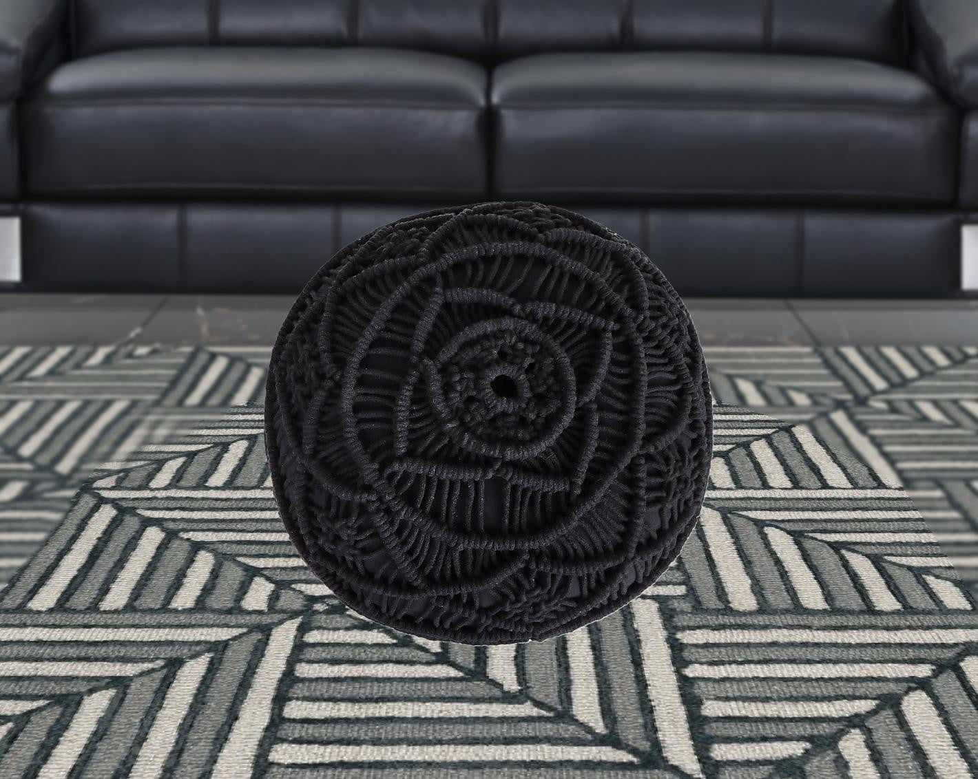 18" Black Cotton Blend And Brown Round Pouf Ottoman