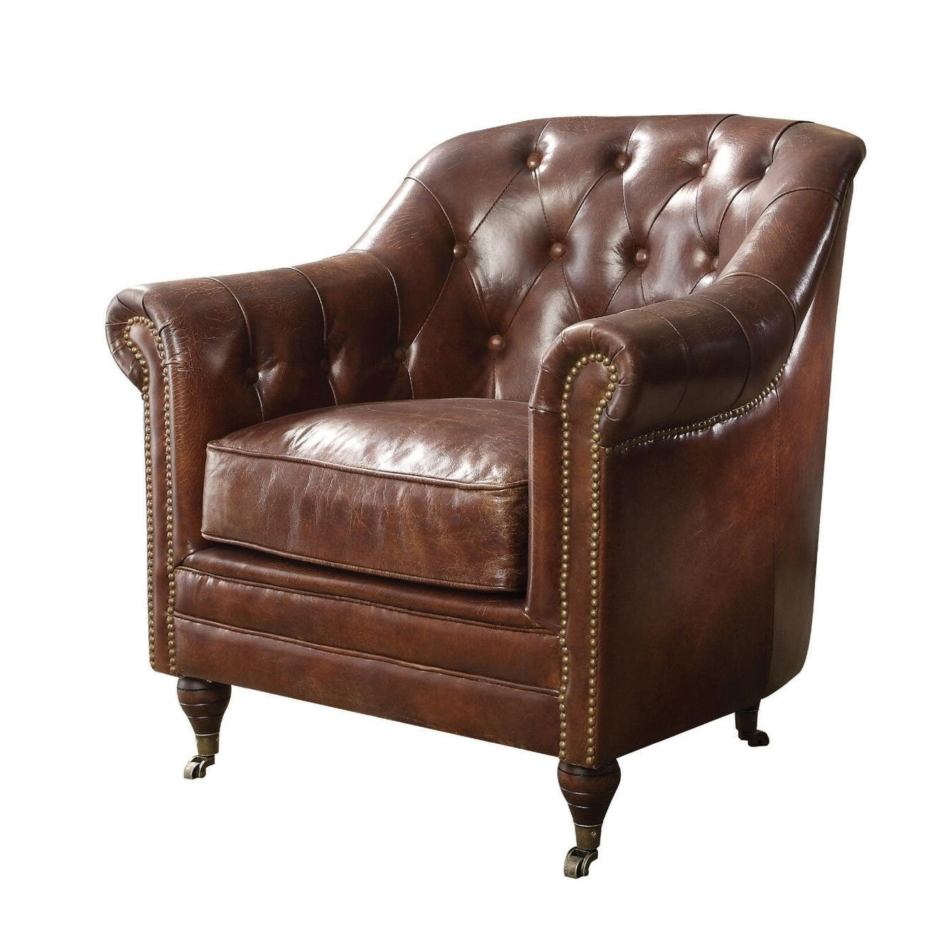 34" Top Grain Leather And Brown Tufted Chesterfield Chair