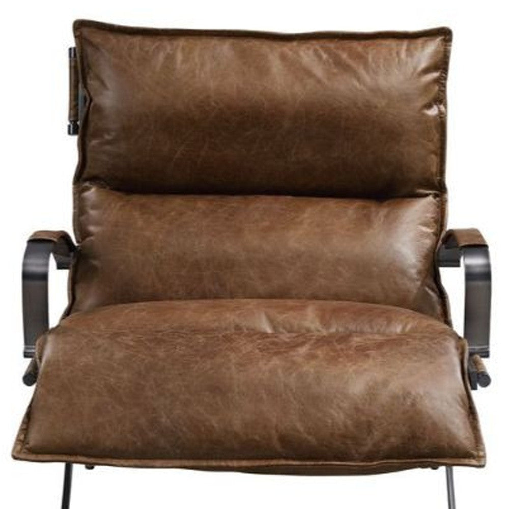 28" Brown Top Grain Leather And Steel Lounge Chair