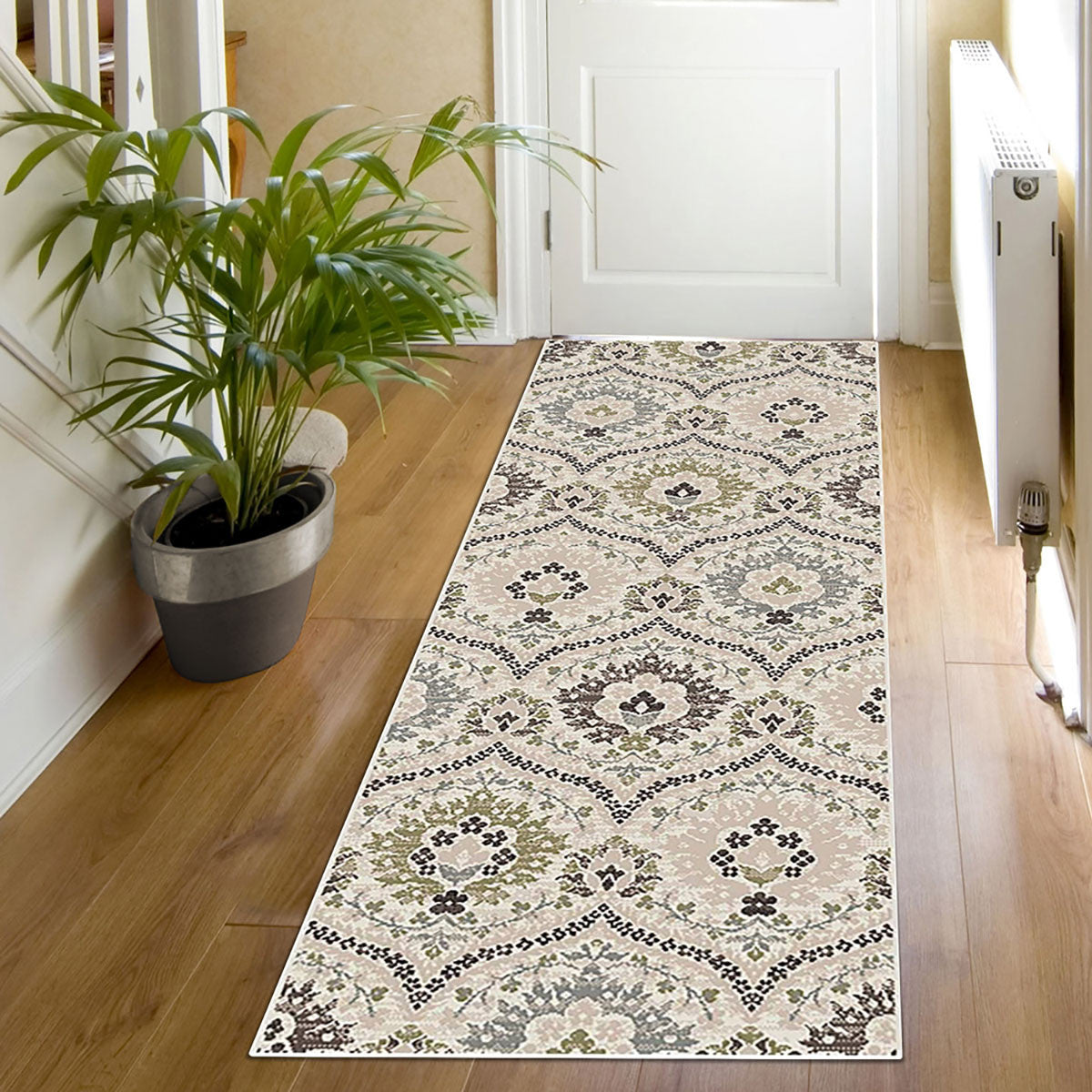 10' Beige Ivory And Brown Floral Stain Resistant Runner Rug