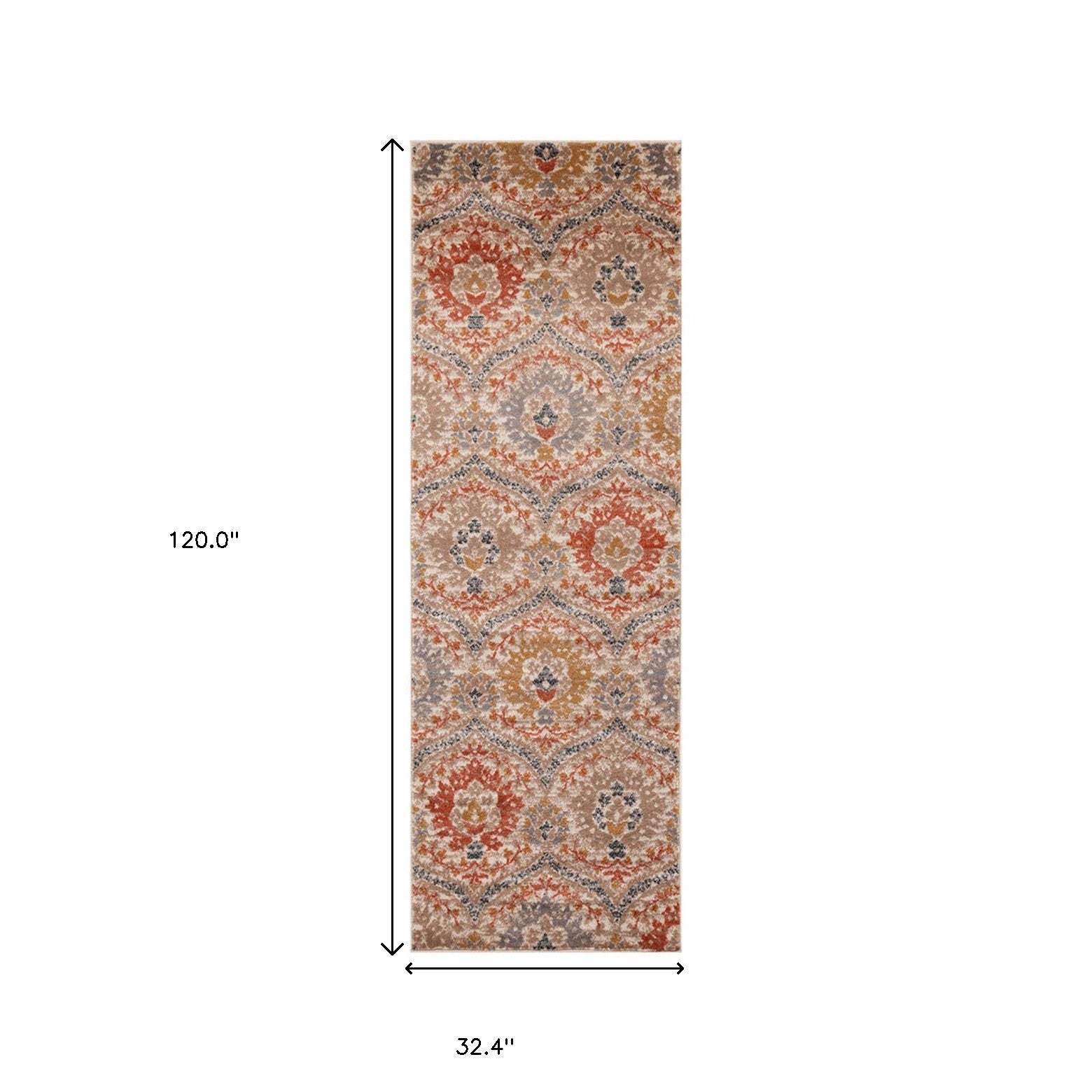 10' Ivory Orange And Gray Floral Stain Resistant Runner Rug