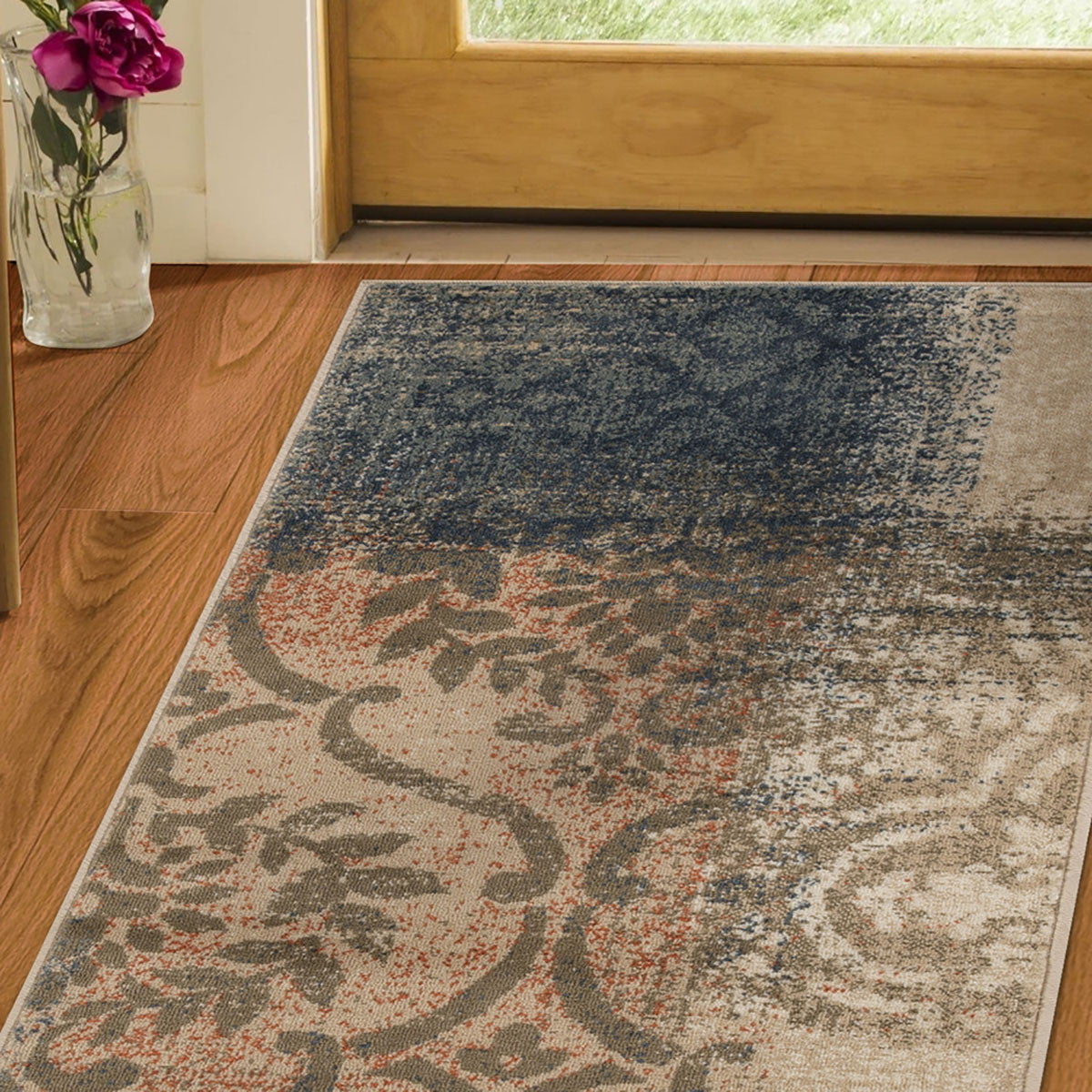 10' Navy And Salmon Damask Distressed Stain Resistant Runner Rug