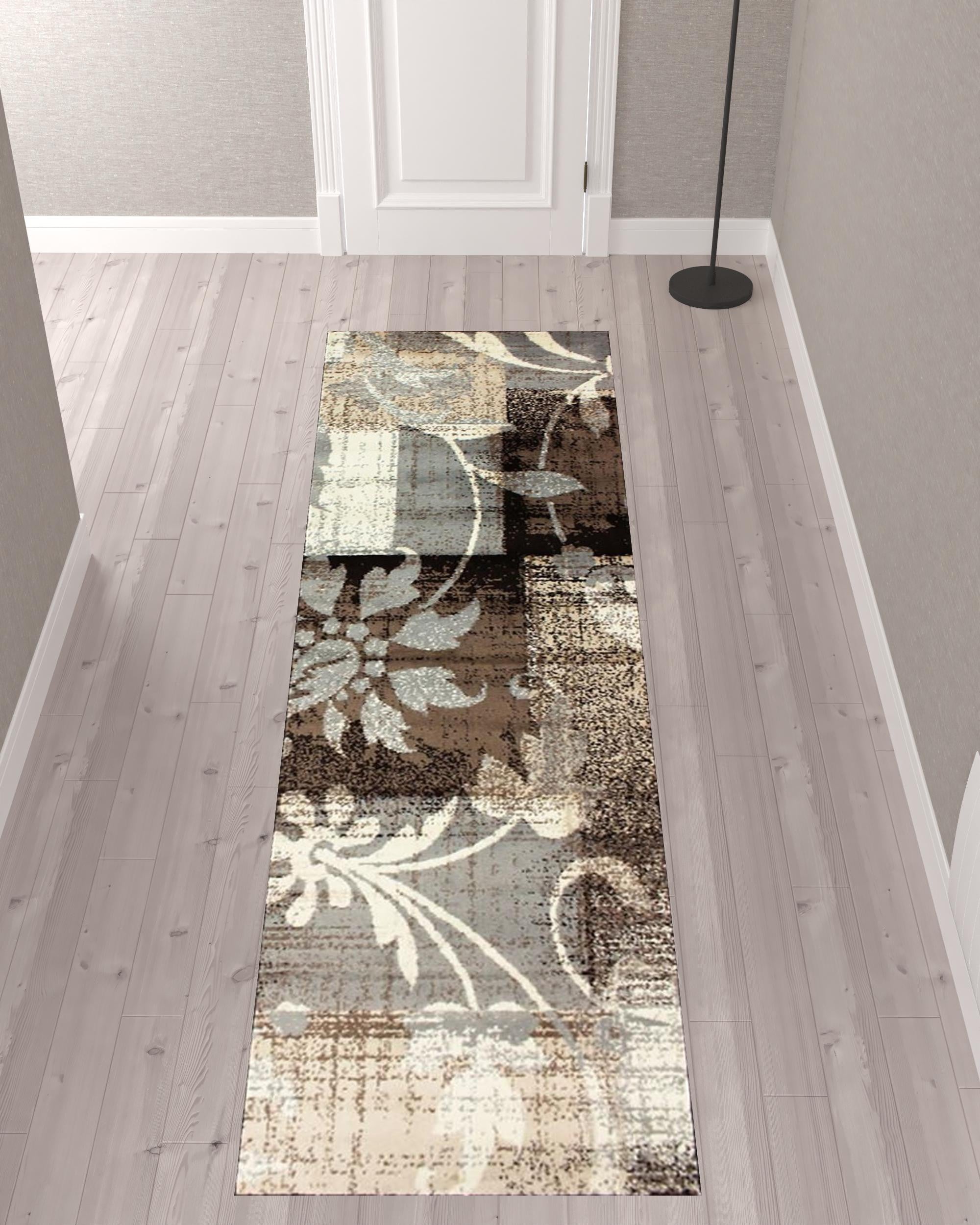 10' Beige And Gray Floral Power Loom Distressed Stain Resistant Runner Rug