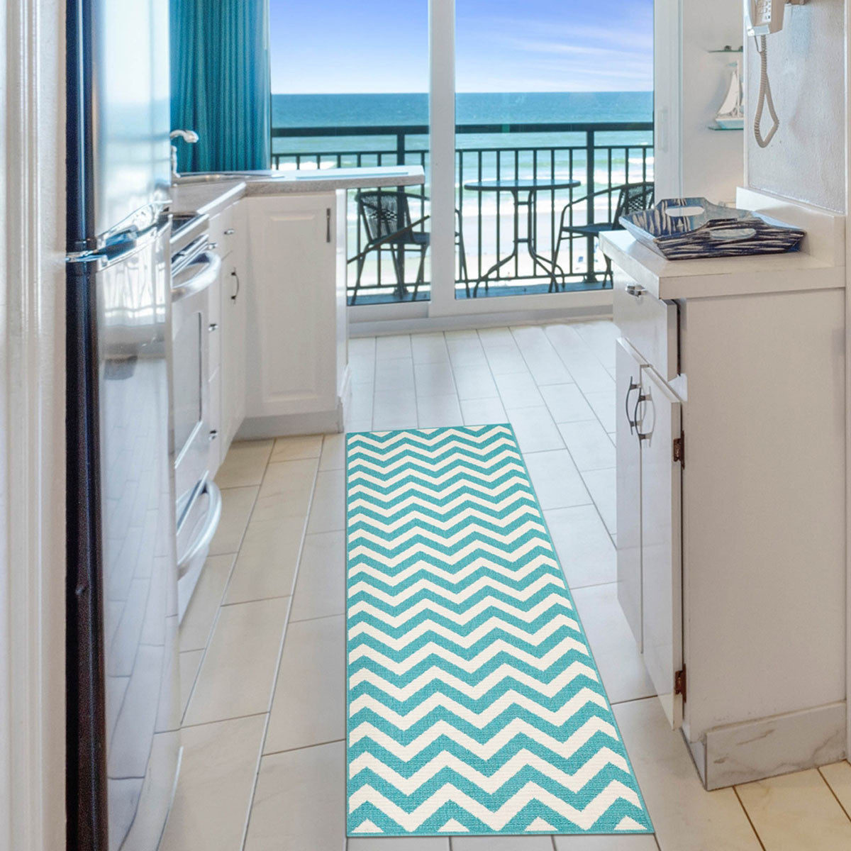 8' Runner Blue-Green/Cream Chevron Stain Resistant Indoor Outdoor Runner Rug