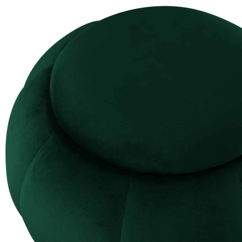 20" Hunter Green Velvet And Gold Round Ottoman