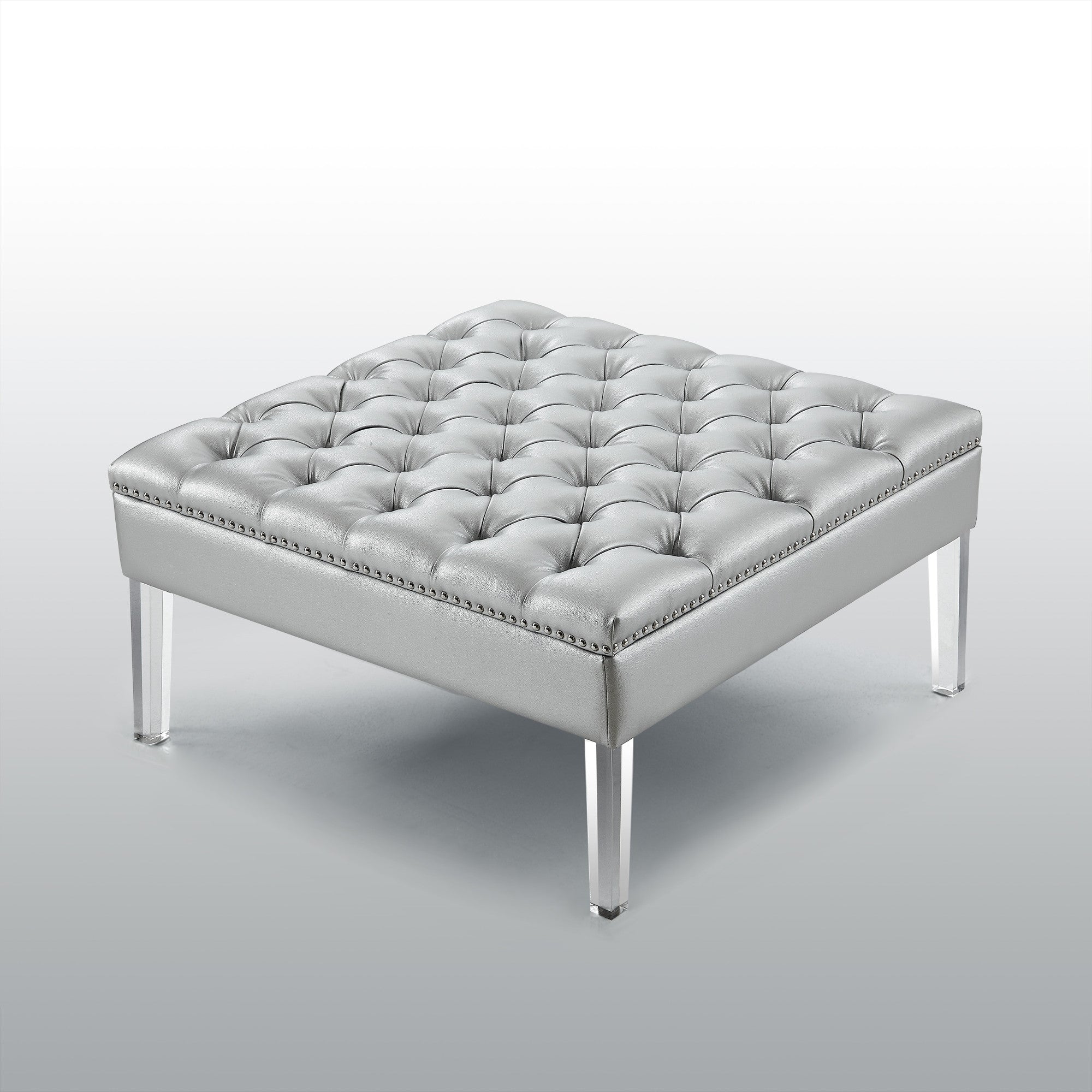 35" Silver Faux Leather And Clear Tufted Cocktail Ottoman