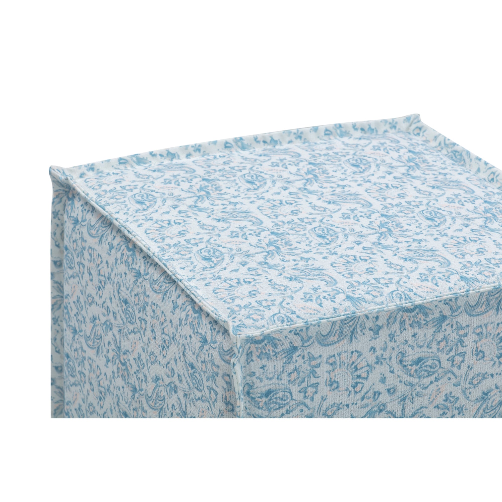 18" Blue Linen Floral Ottoman