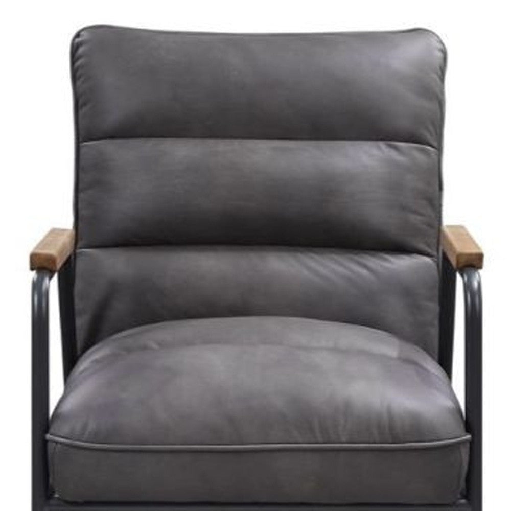 26" Gray Top Grain Leather And Steel Solid Color Arm Chair