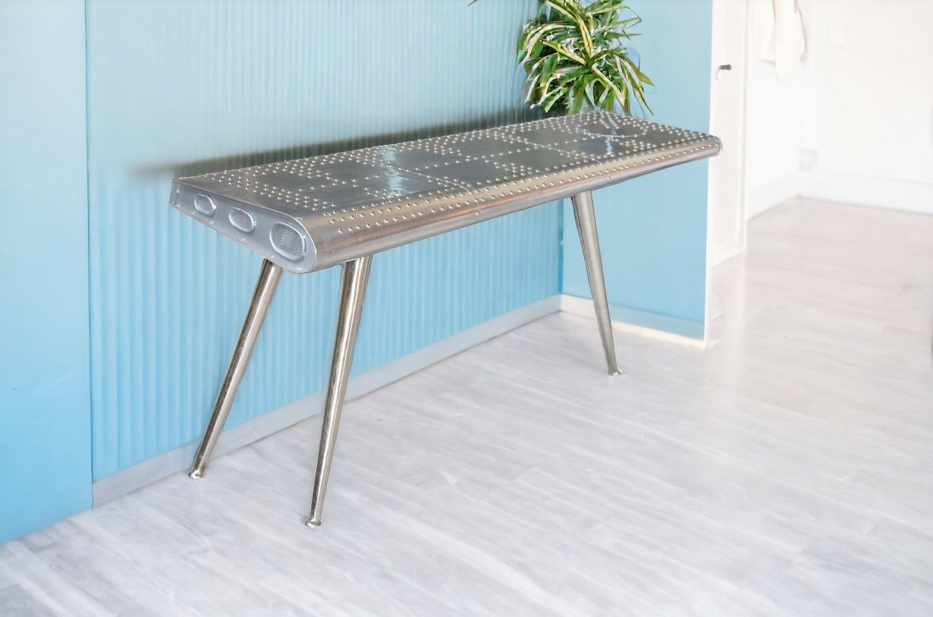 56" Silver Aluminum Three Leg Console Table