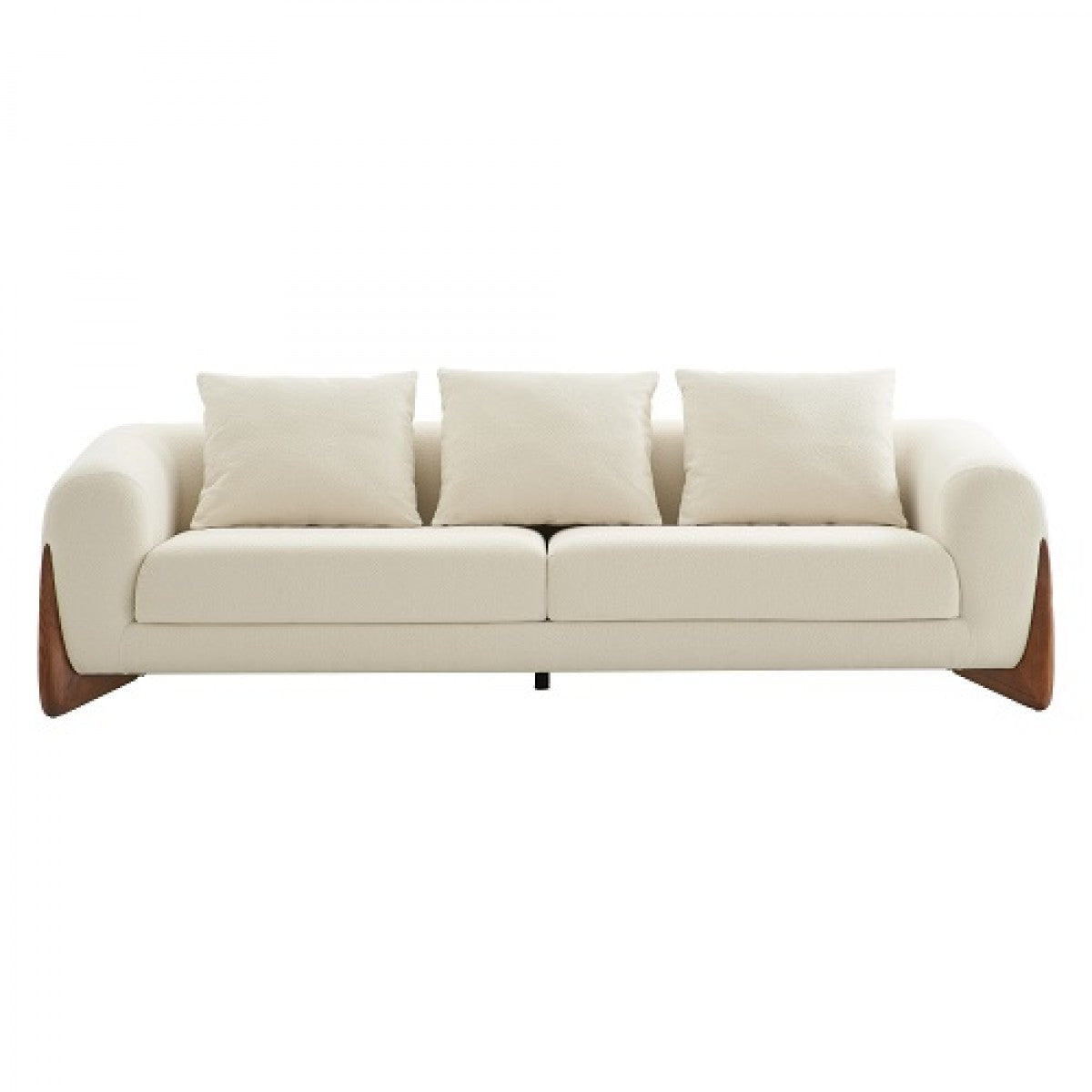 100" Cream Long Fabric and Walnut Wood Sofa