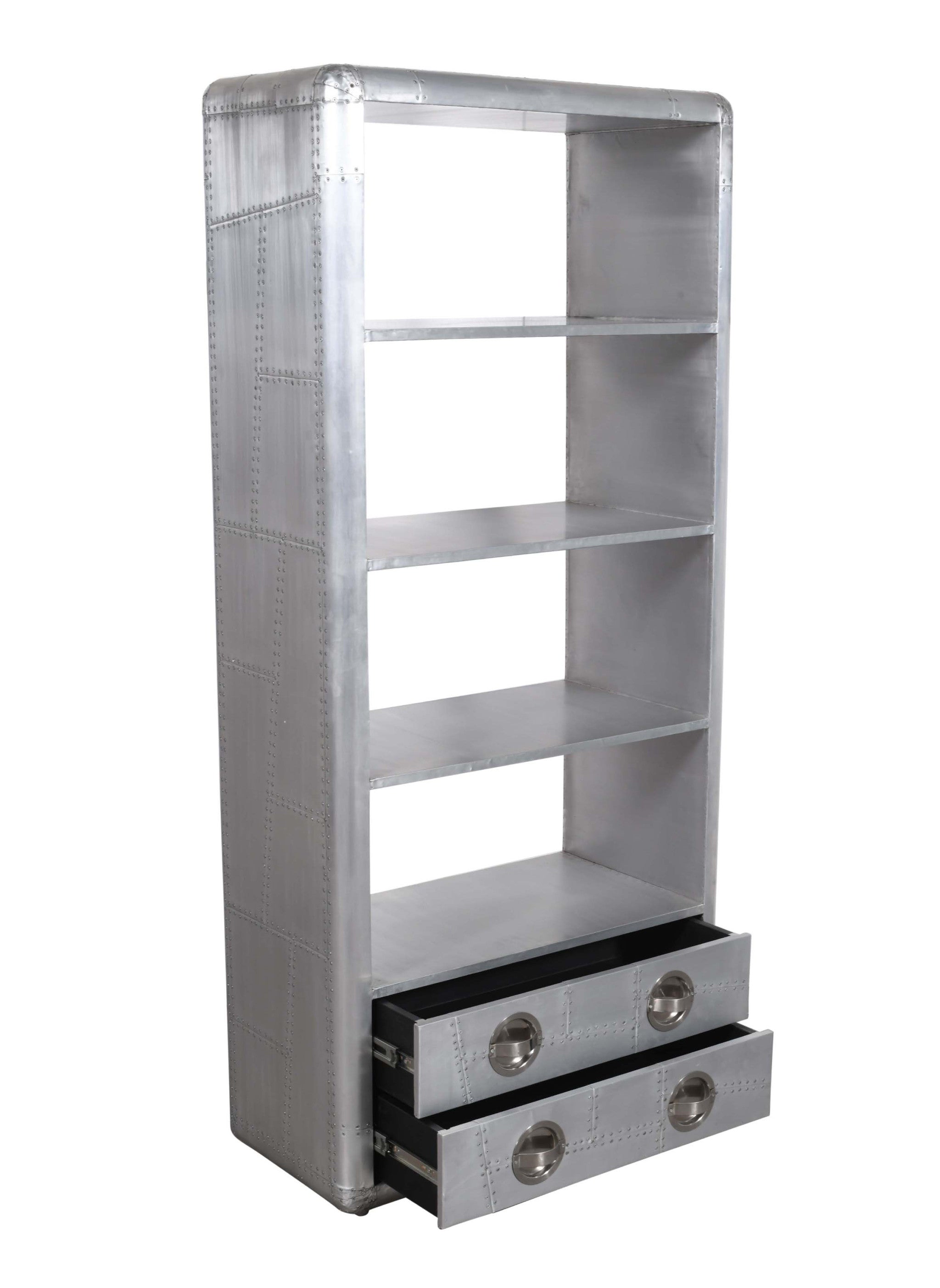 71" Silver Aluminum Four Tier Bookcase with Drawers