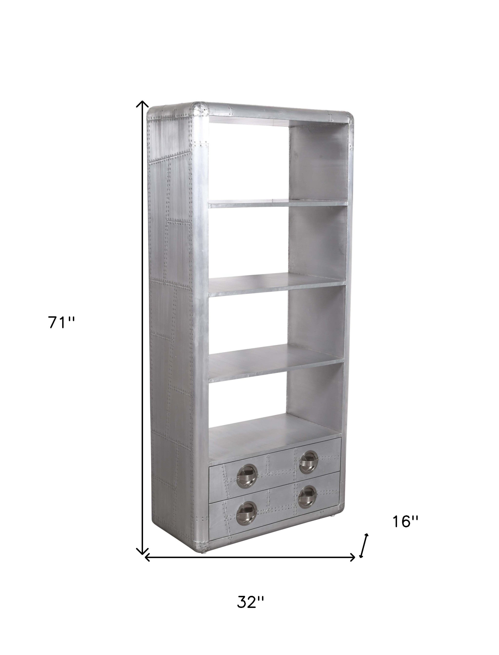 71" Silver Aluminum Four Tier Bookcase with Drawers