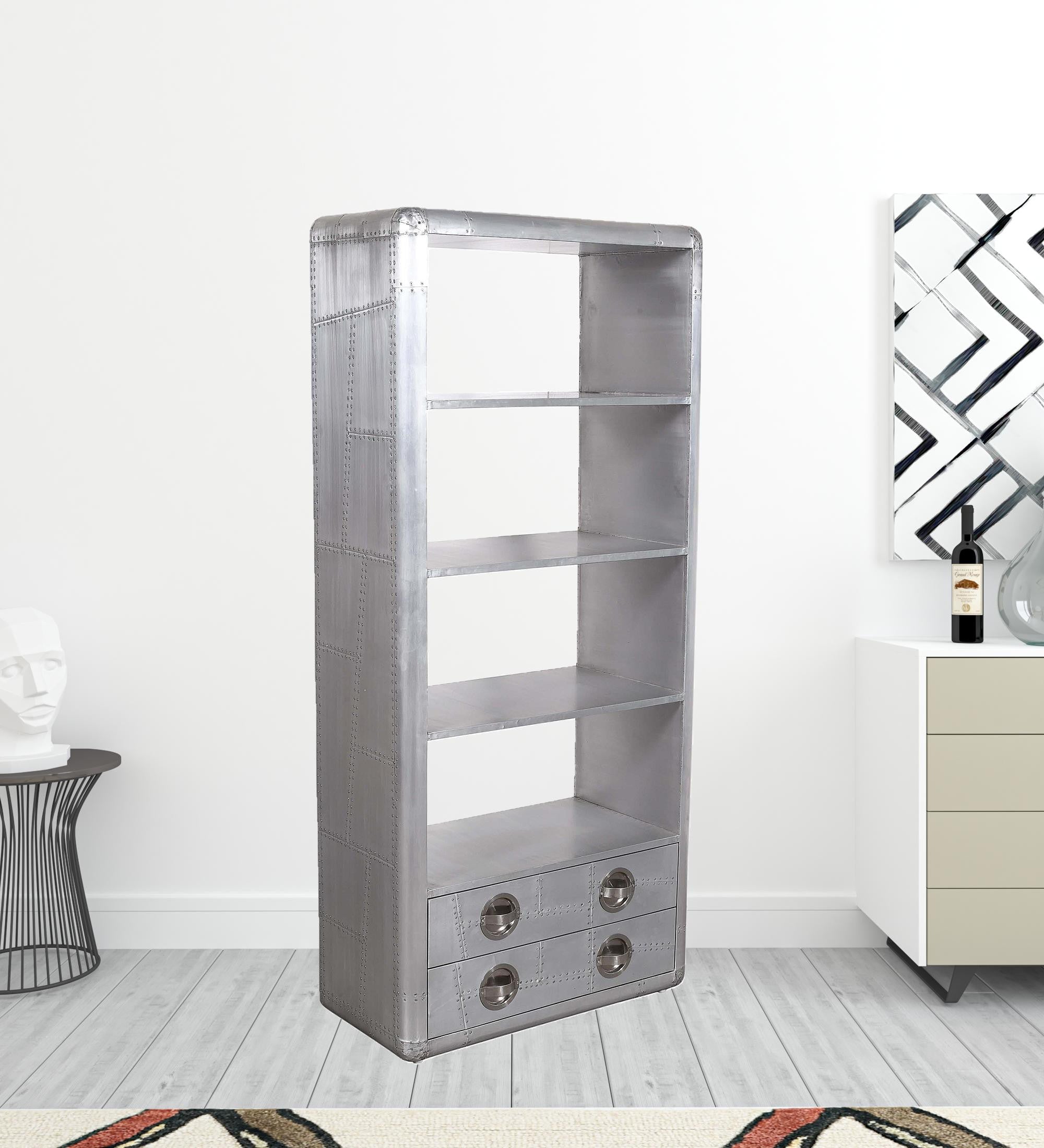 71" Silver Aluminum Four Tier Bookcase with Drawers