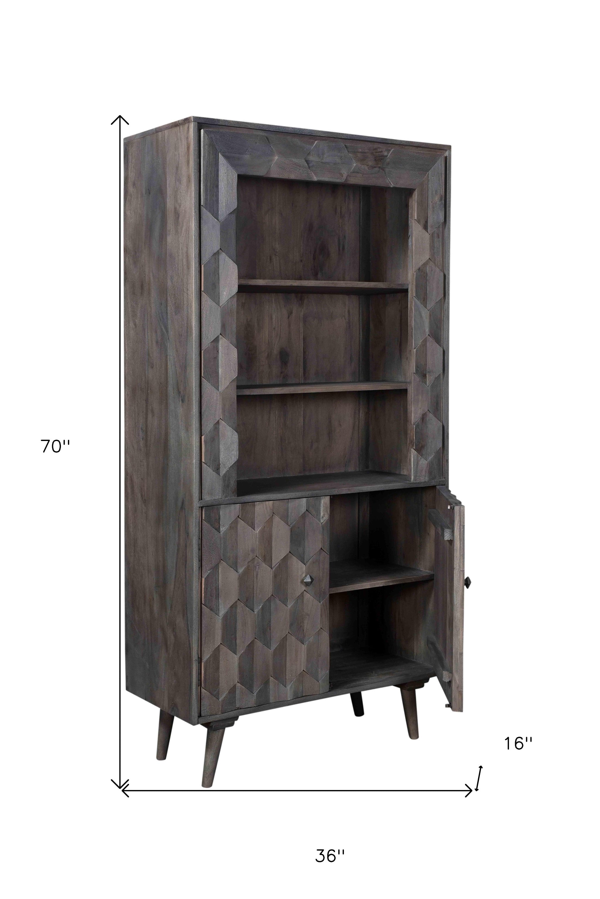 70" Dark Gray Distressed Solid Wood Three Tier Two Door Bookcase